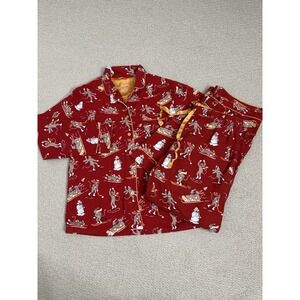 Nick and Nora Pajama Set Size M Red Downhill Sock Monkey Flannel Cotton